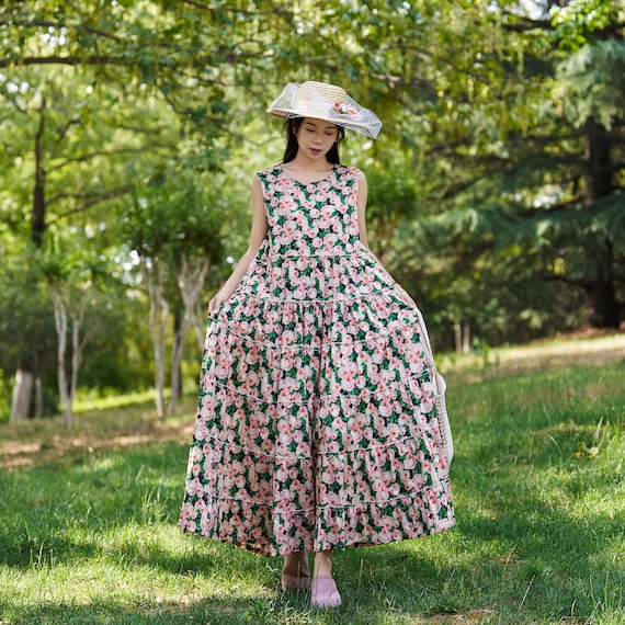 New Arrival Romantic Rose Print Cotton Maxi Dress, Lightweight Summer Plus Size Style 056P