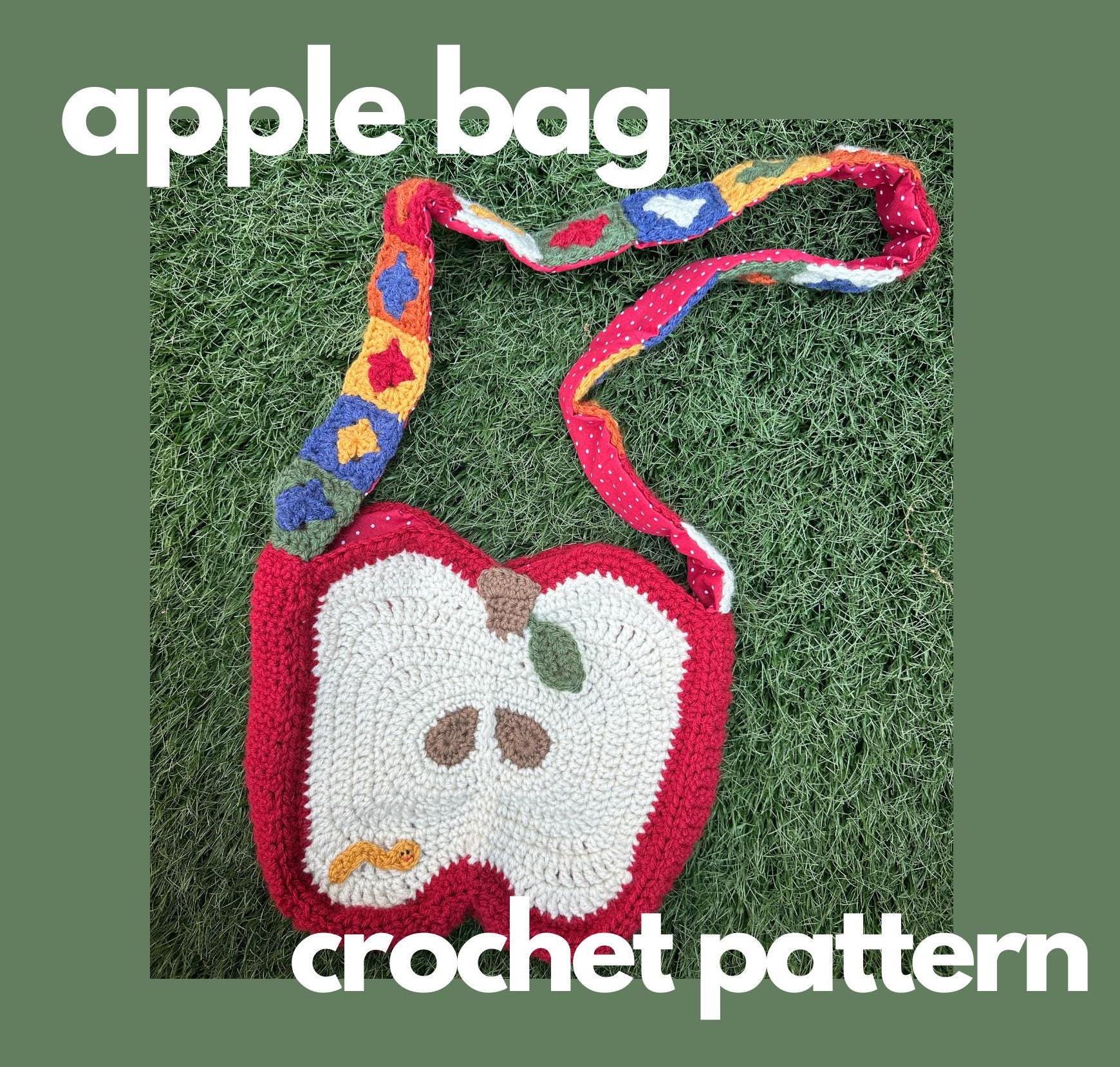 Crochet Apple Bag Pattern PDF only- crochet bag worm and leaf, fruit, cute purse crossbody unique funky silly crochet, school crochet