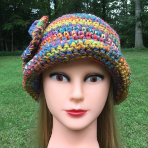 Pattern for Crochet Hat with Rolled Brim and Flower, Easy Level Single Crochet Hat