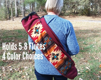 Flute Bag, 4 Color Choices, Holds 5-8 Flutes, Native American Style Flute Bag w/ Shoulder Strap, Inside and Outside Pockets