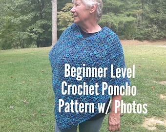 Patrón PDF de poncho de ganchillo para principiantes: Puntos de dc fáciles, instrucciones con fotos incluidas.
