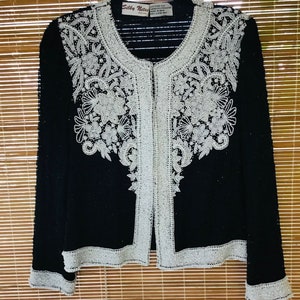 Vintage 1960s Beaded French Style Black and White open Jacket