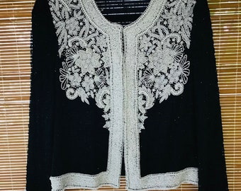 Vintage 1960s Beaded French Style Black and White open Jacket