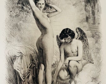 Lesbian  orginal art 1920s beautiful etching