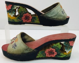 Vintage hand carved  wooden wedge embroidered wedges