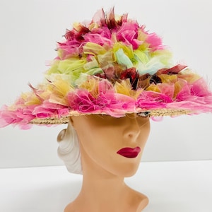 vintage summer straw hat multi chiffon ruffles rare find