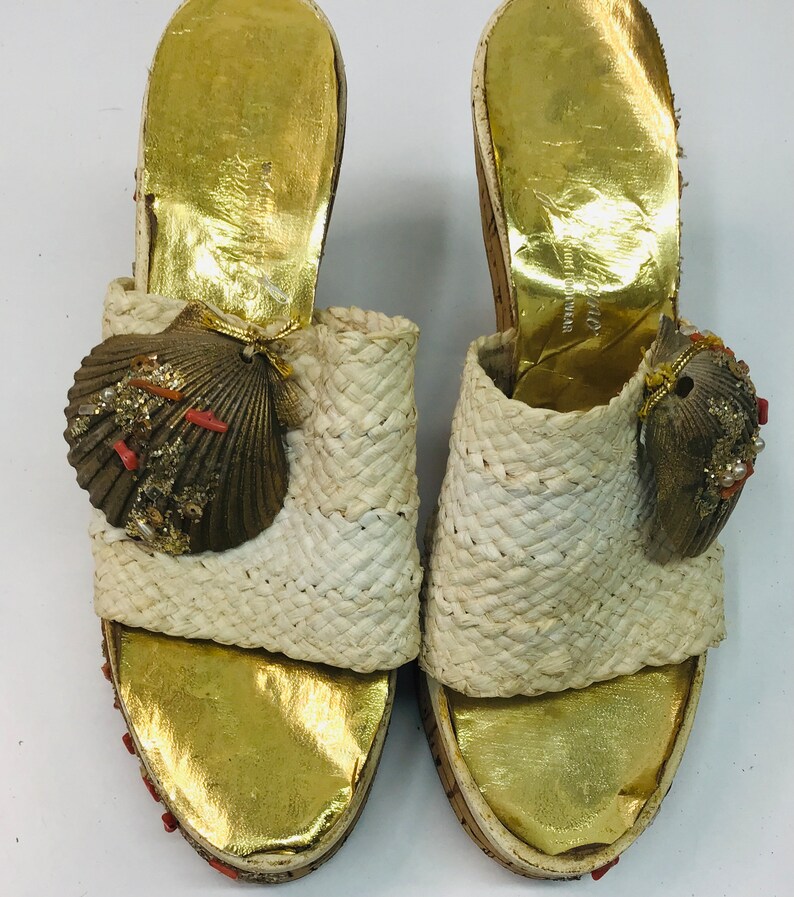 Vintage Miami Beach gold glitter coral encrusted clogs with shell upper image 3