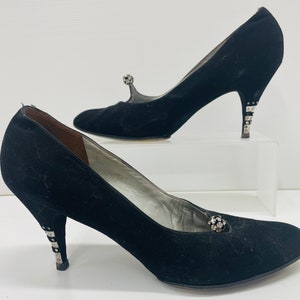 Vintage Bally black suede pumps with rhinestone detail