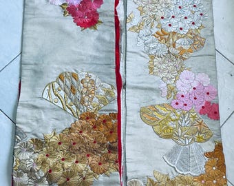 Vintage Embroidered Silk Kimono Panels: Floral Fan Motifs - Sewing, Decor