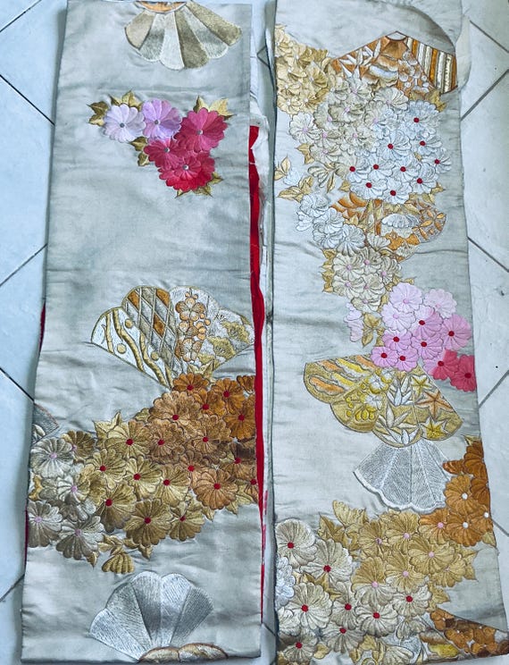 Vintage Embroidered Silk Kimono Panels: Floral Fan Motifs - Sewing, Decor