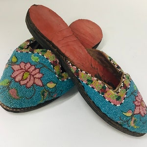 Hand micro beaded Asian flat mules 1900s  or before.