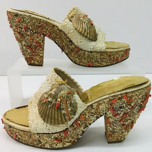 Vintage Miami Beach gold glitter coral encrusted clogs with shell upper image 1