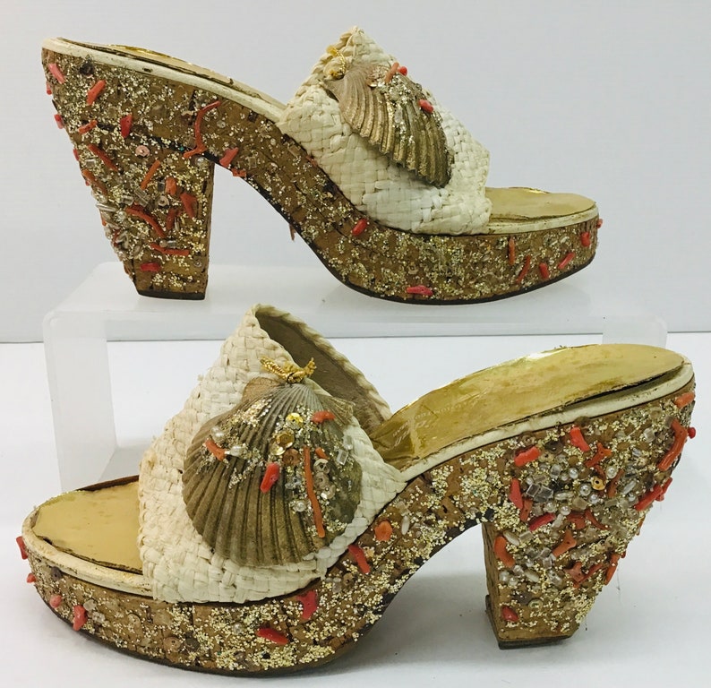 Vintage Miami Beach gold glitter coral encrusted clogs with shell upper image 1