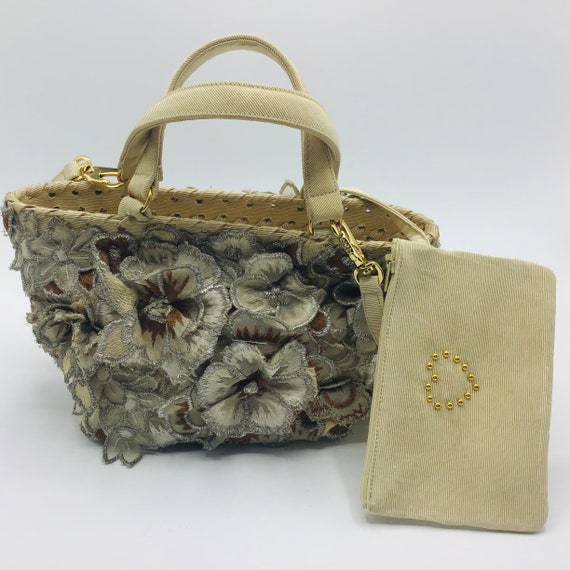 Vintage 80s Crossover Embroidered Fabric Bag from French Designer Septcoeur