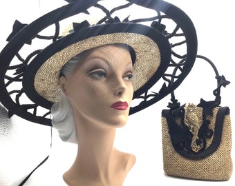 Vintage French hat and matching raffia handbag with gold parrot pin attached. rare find