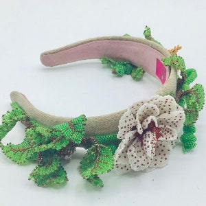 One of a kind handmade beaded flower and linen head band