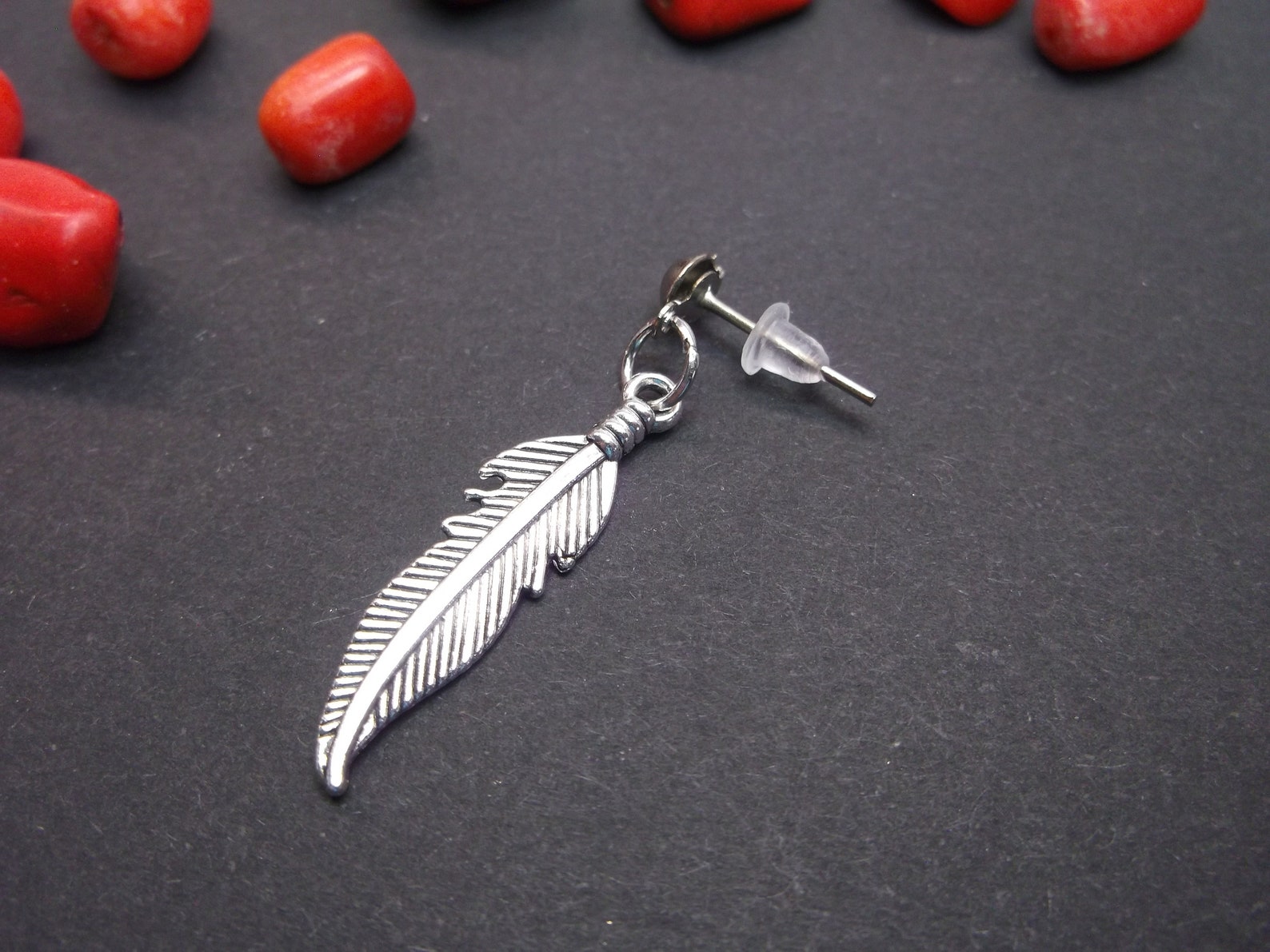 Single Feather Earring Feather Dangle Men Earring Symbolic Etsy UK