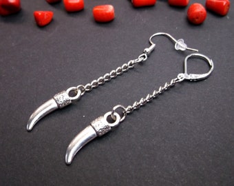 Single Fang Dangle Earring: Silver Tusk Horn for Men