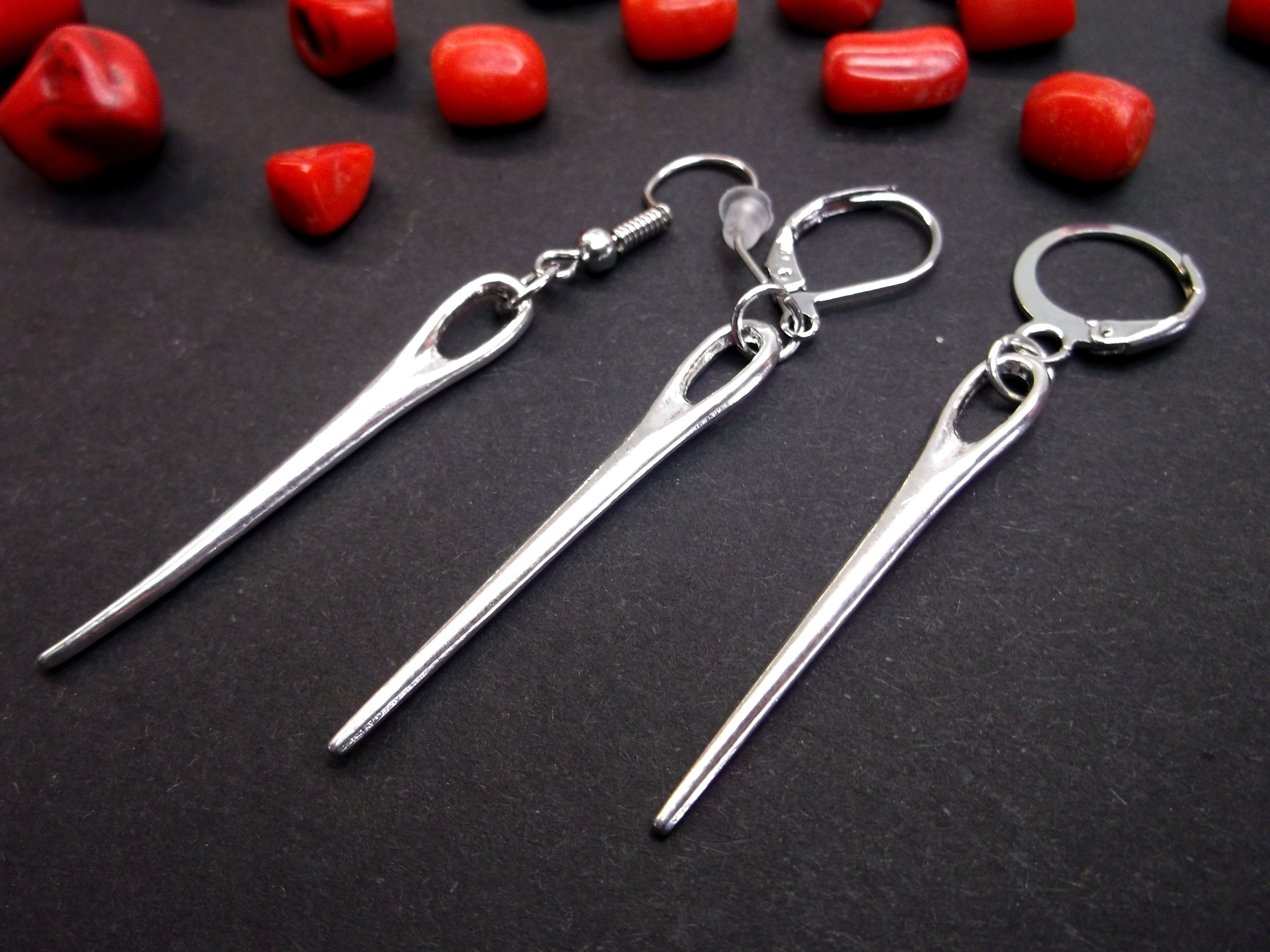Silver Needle Dangle Earrings: Punk Goth Steampunk Jewelry