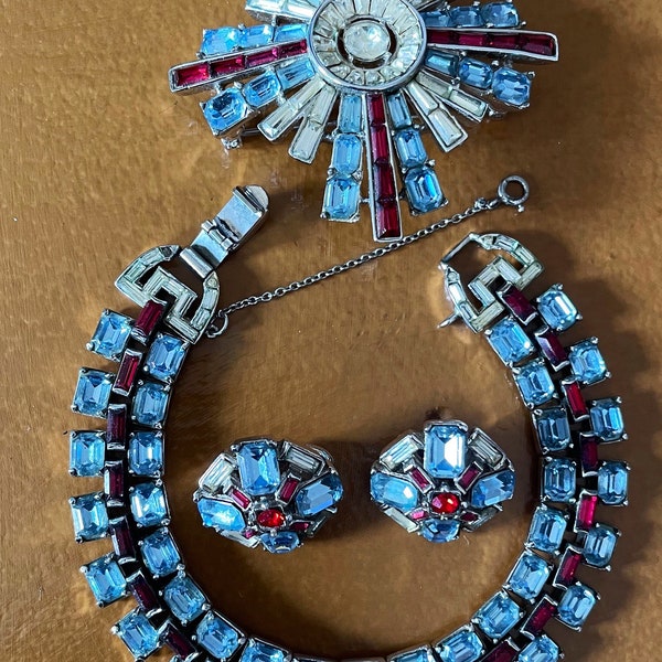 Extremely Rare Trifari Alfred Philippe Red Blue Rhinestone Crystal Bracelet, Brooch Pin and Matching earrings