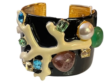 Kenneth Jay Lane KJL Black enamel jewels Cuff Bracelet