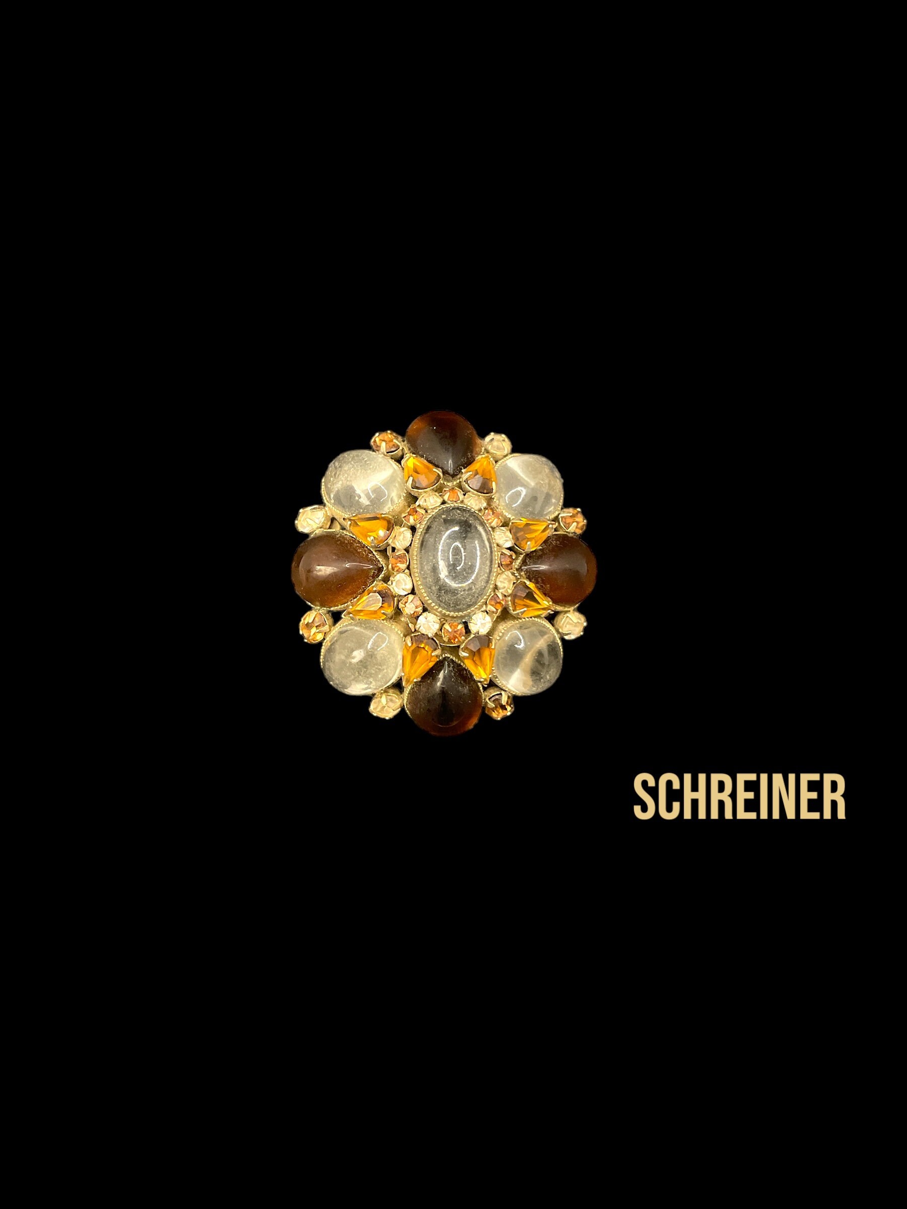Vintage SCHREINER Large Topaz Amber Rhinestone Textured Antique Gold Tone  Dog Tooth Setting & Buttercup Mounting Floral Brooch Pin Unsigned 