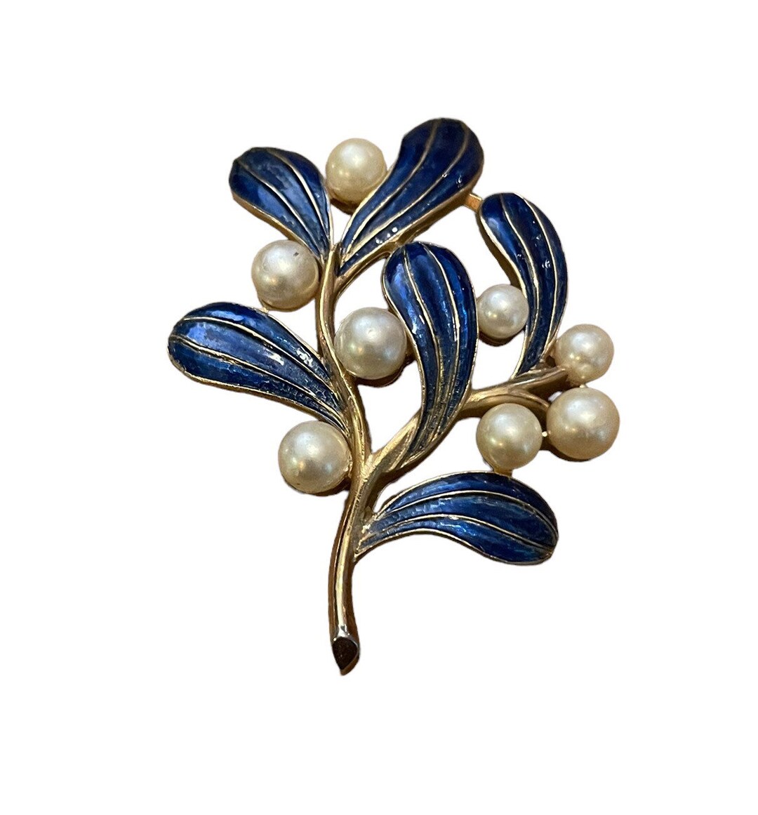 Rare Vintage Trifari Blue Enamel Faux Pearl Flowers Pin Brooch - Etsy