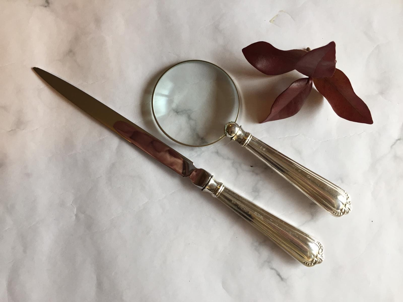 Ideal gift and desk accessory sterling silver queens pattern letter opener and magnifying glass set hallmarked Sheffield 1930 Antique
