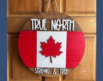 Canada Day Door Hanger: Pine Round Welcome Sign, Laser-Cut Flag Wreath