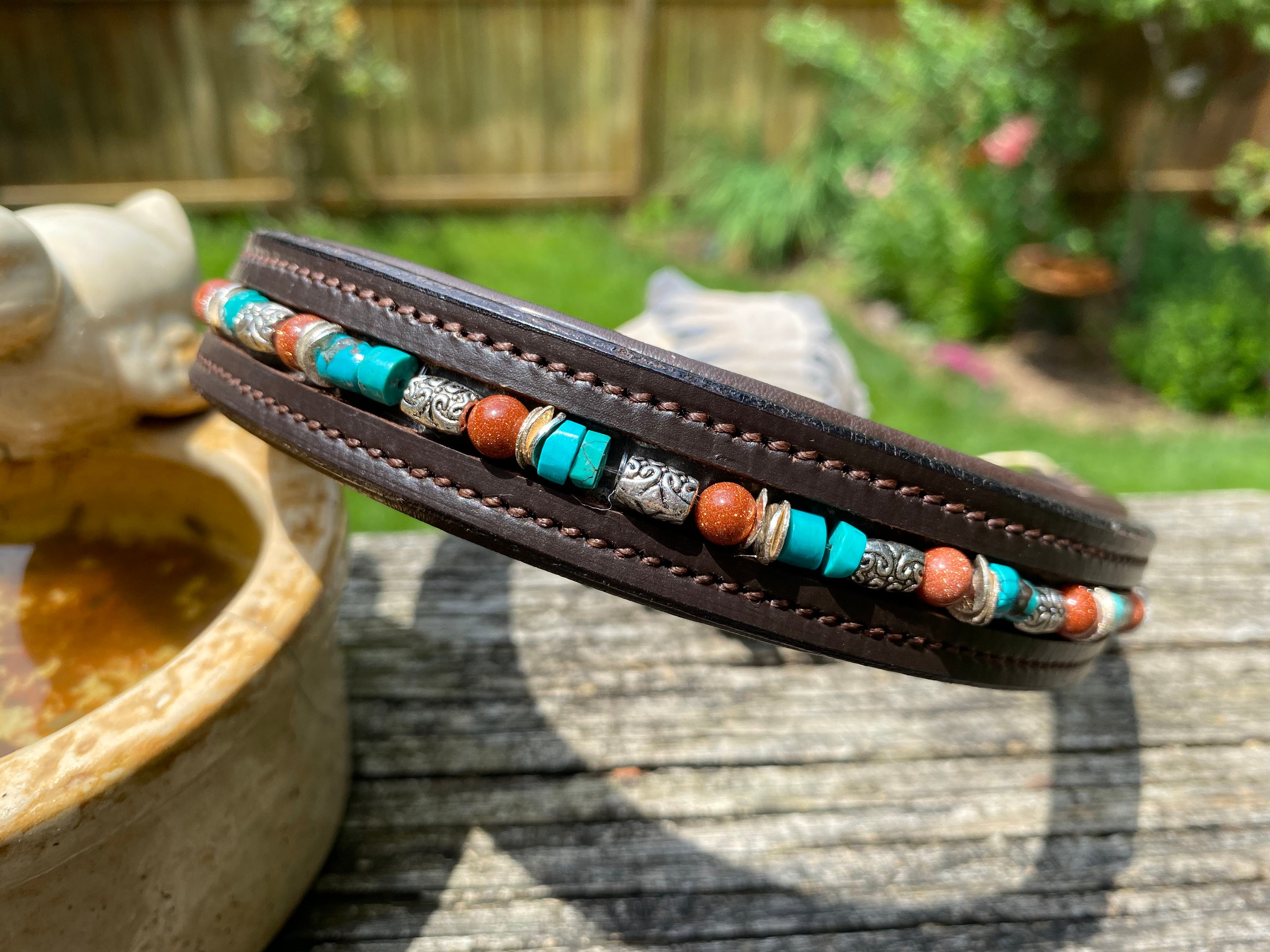 Beaded Dog Collar, Leash, Or Set Turquoise & Goldstone Beads With Silver Accents