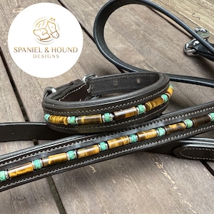 Beaded Dog Collar, Leash, or Set!  Tiger Eye, Turquoise, and Silver-Toned Accents