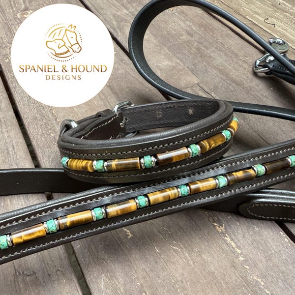 Collar, correa o conjunto de cuentas para perro. Ojo de tigre, turquesa y detalles plateados.