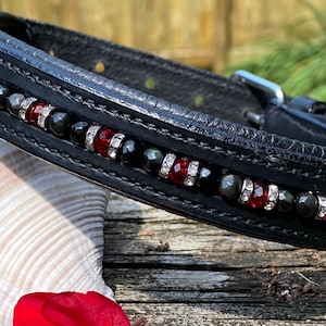MULTIPLE COLORS!! Beaded Leather Dog Collar, Leash, or Set!  Obsidian, Crystals, and Rhinestones