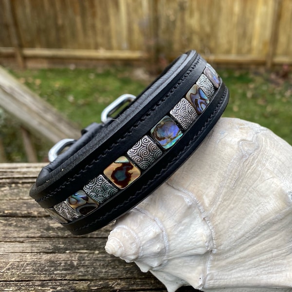 Beaded Dog Collar w/ Abalone Shell and Silver Swirls