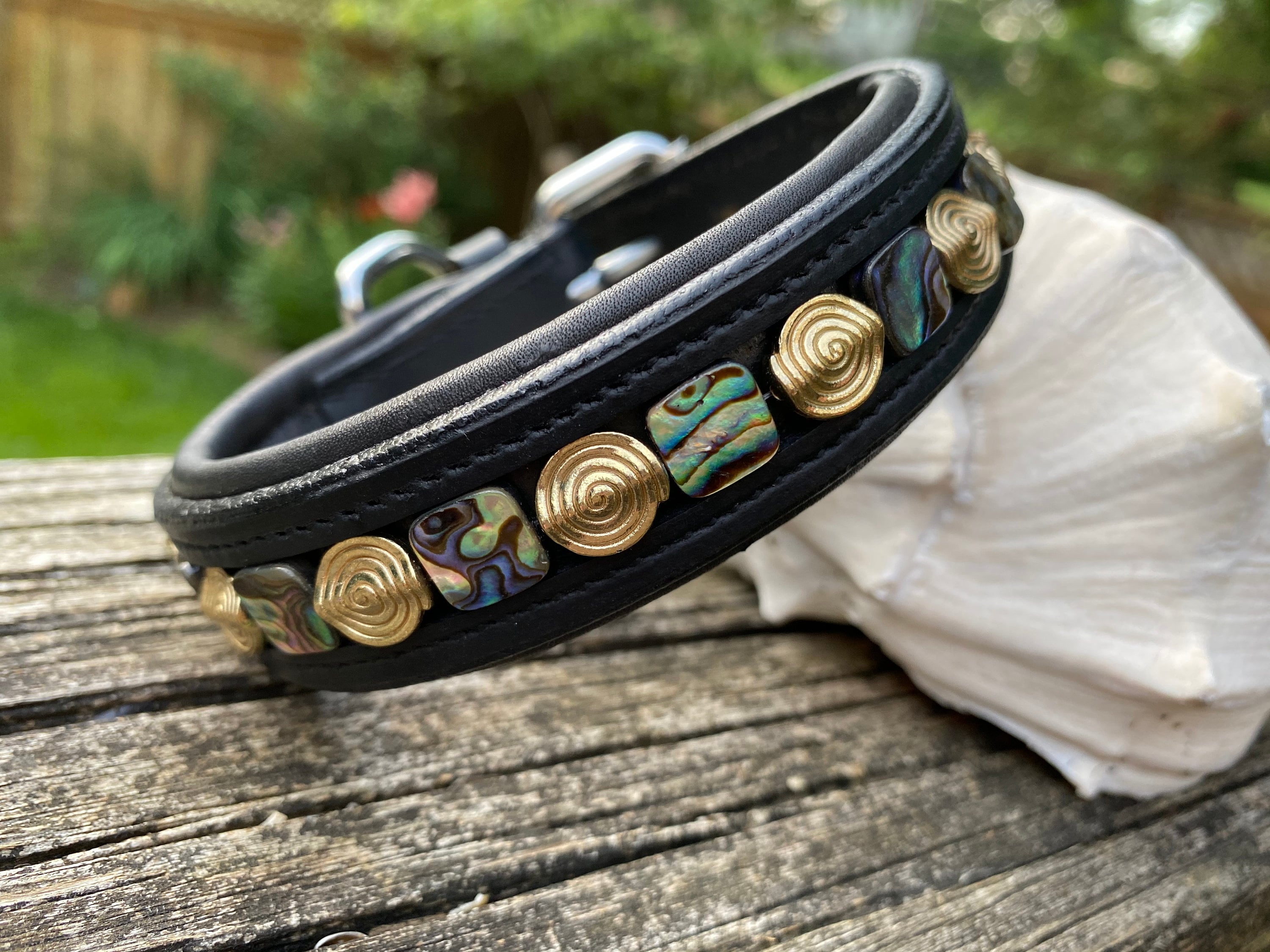 Beaded Dog Collar, Leash, Or Set Abalone Shell & Gold Swirl