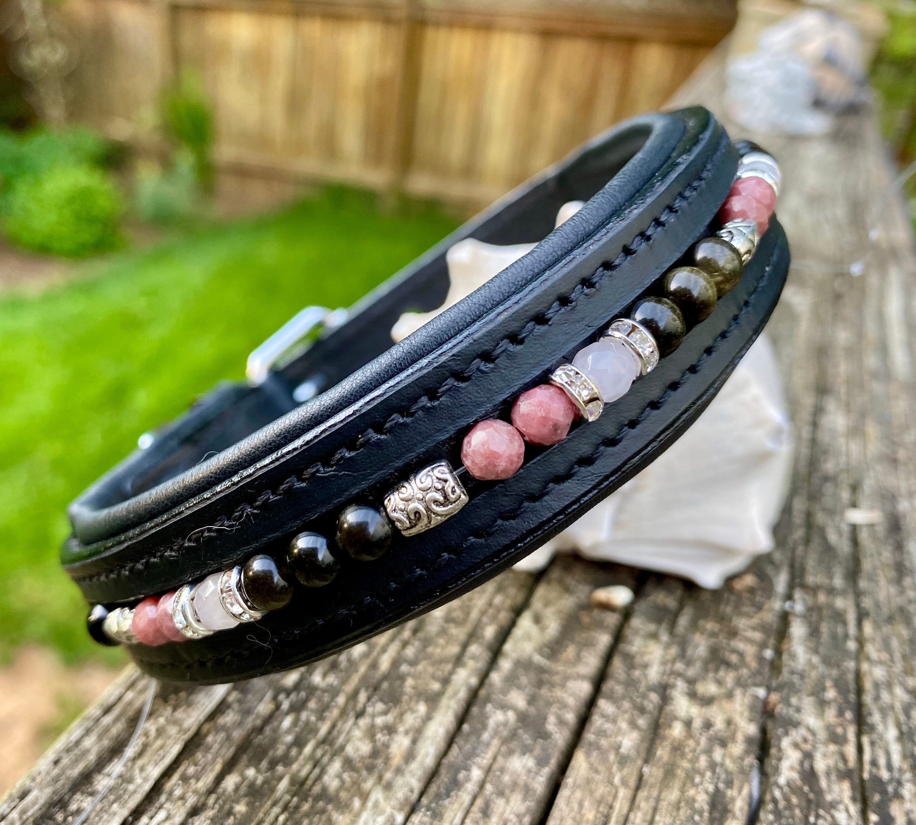 Beaded Leather Dog Collar Rose Quartz, Obsidian, Rhodonite & Silver