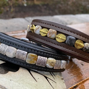 Beaded Leather Dog Collar: Desert Jasper & Swirl Beads