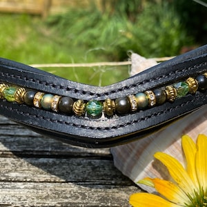 Beaded Horse Browband w/ Iridescent Green Pearls, Golden Obsidian, Rhinestones and Gold Accent Beads