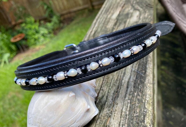 Pearl /& Rhinestones Quartz Crystal Beaded Dog Collar w Obsidian