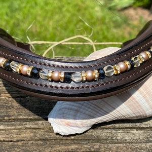 Beaded Horse Browband w/ Almond Pearls, Citrine, Denim Blue Crystals and Rhinestones