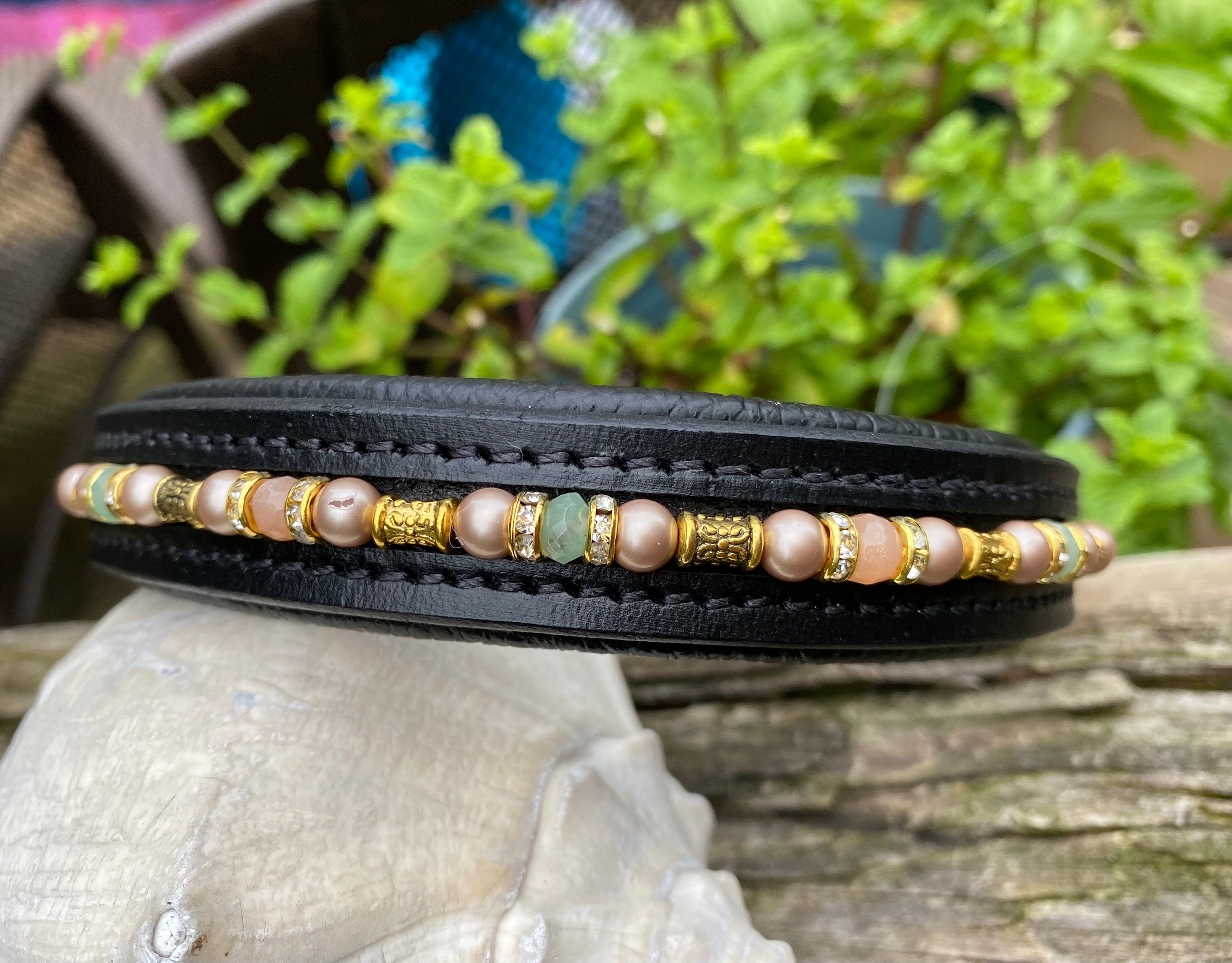 Beaded Leather Dog Collar Peach Moonstone, Pearls & Crystal