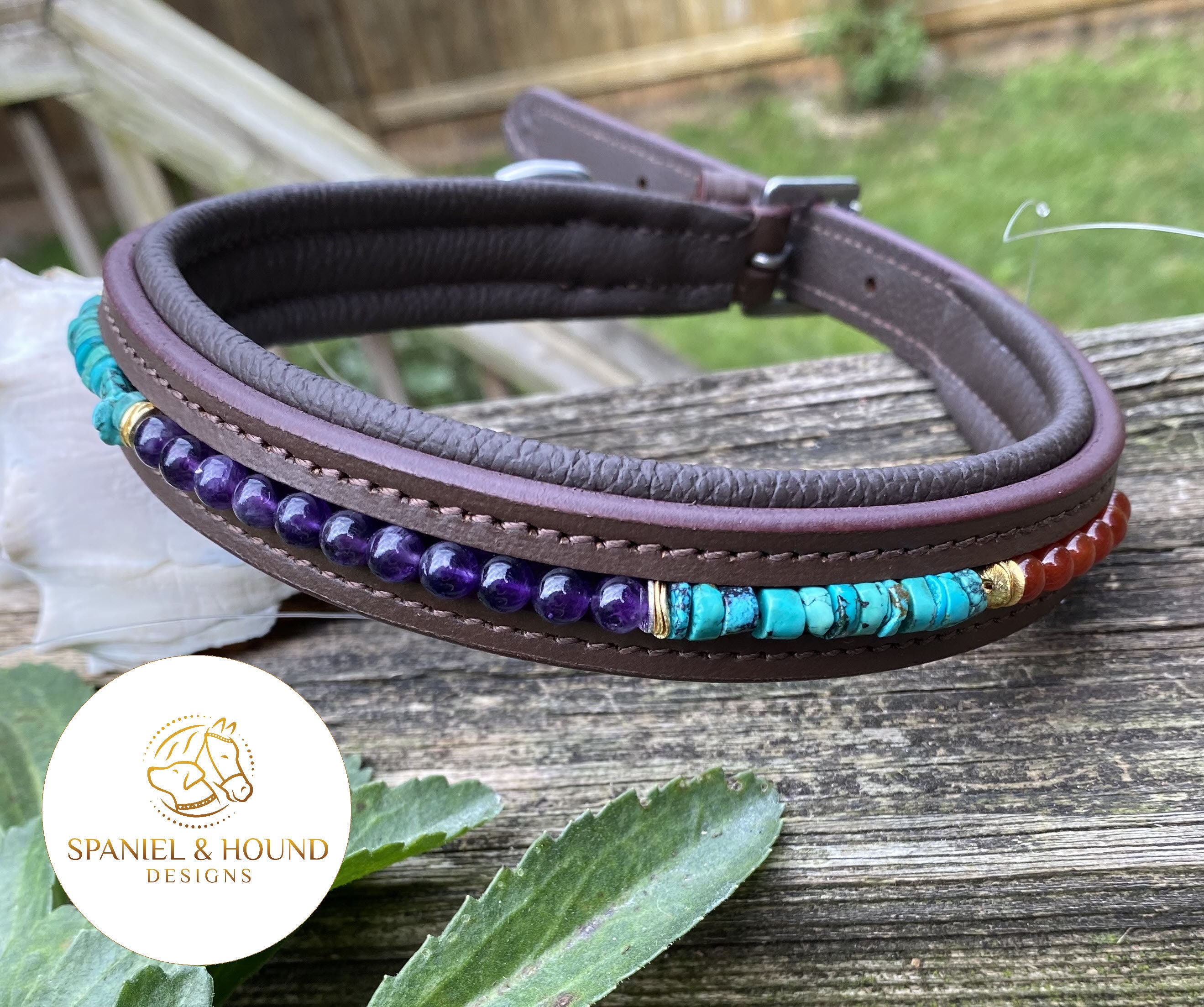 Beaded Dog Collar, Leash, Or Set Amethyst, Turquoise, & Carnelian Beads With Gold-Toned Accents