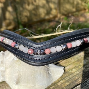 Beaded Horse Browband w/ Pink Quartz Crystal, Rhodonite Stones, Hematite Beads & Graphite Toned Rhinestones
