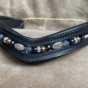 Beaded Horse Browband w/ Navy Blue & Cocoa Pearls, Floral Etched Silver Toned Beads and Rhinestones