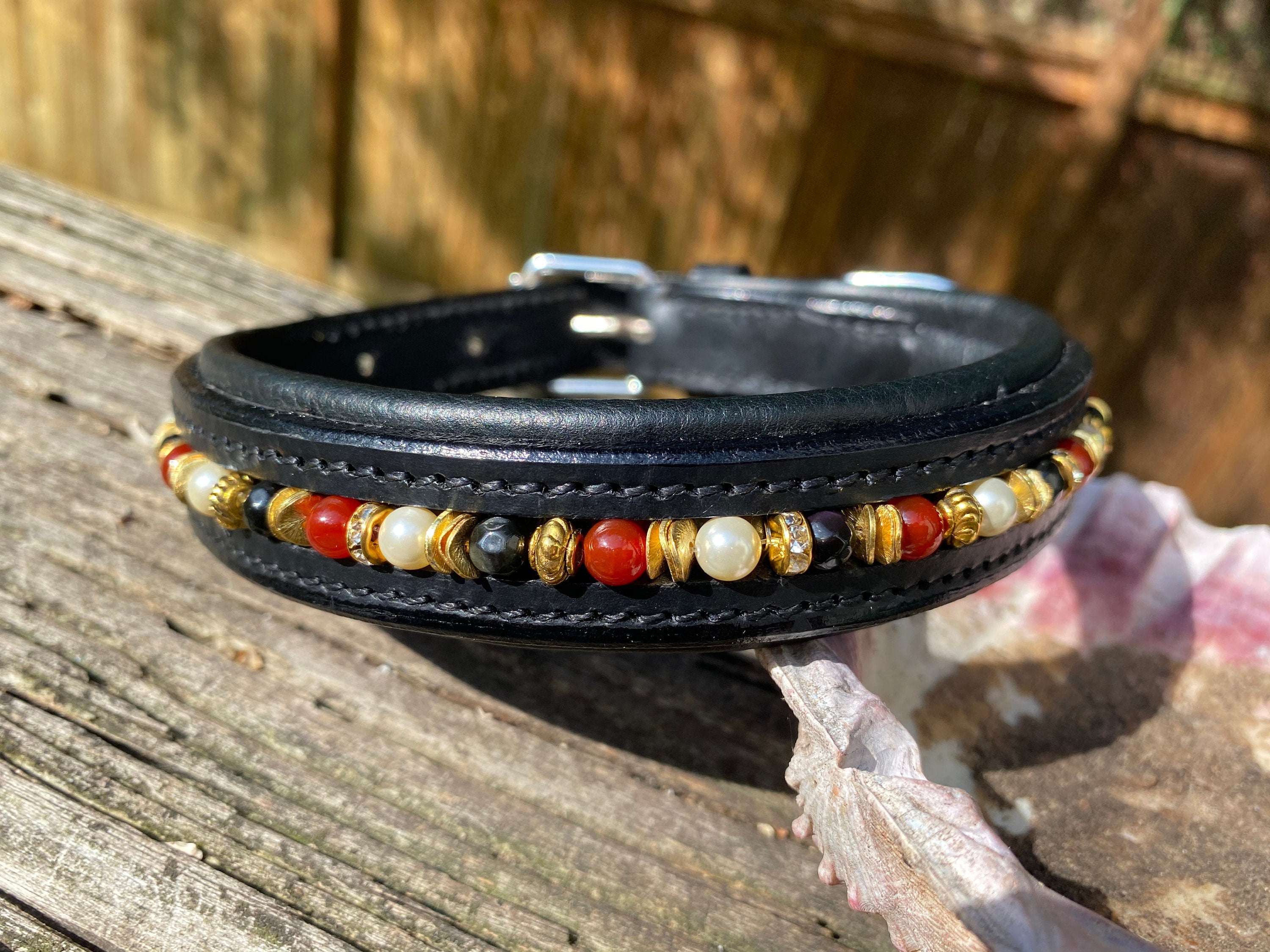 Beaded Dog Collar, Leash, Or Set Pearl, Obsidian, Carnelian & Gold Accents
