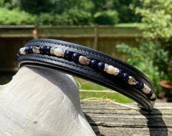 Beaded Horse Browband w/ Blue Goldstone, Pearls, Silver Tone Swirl Accents and Rhinestones