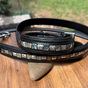 May include: A black leather dog collar and matching leash set featuring a decorative inlay of alternating square silver-toned metal tiles and iridescent abalone shell pieces. The collar includes a silver-toned metal buckle and hardware.