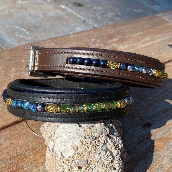 Beaded Dog Collar w/ Navy Pearls, Iridescent Acrylics and Gold-Toned Accents