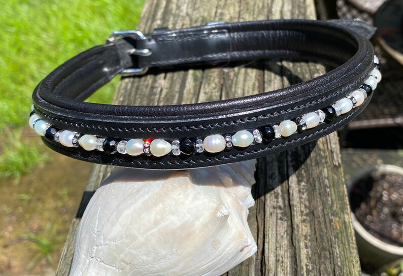 Pearl /& Rhinestones Quartz Crystal Beaded Dog Collar w Obsidian