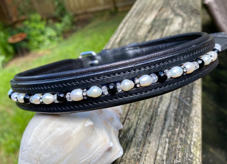Pearl /& Rhinestones Quartz Crystal Beaded Dog Collar w Obsidian